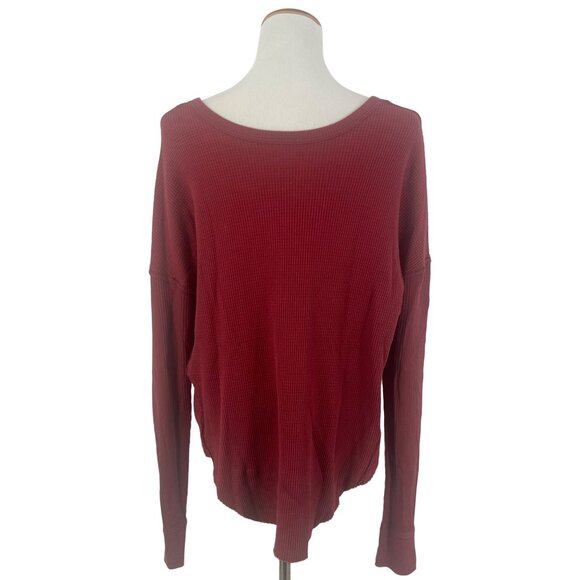 Free People Burgundy Graphic Bull Print Waffle Knit Thermal Top M | Western Boho - Picture 5 of 11
